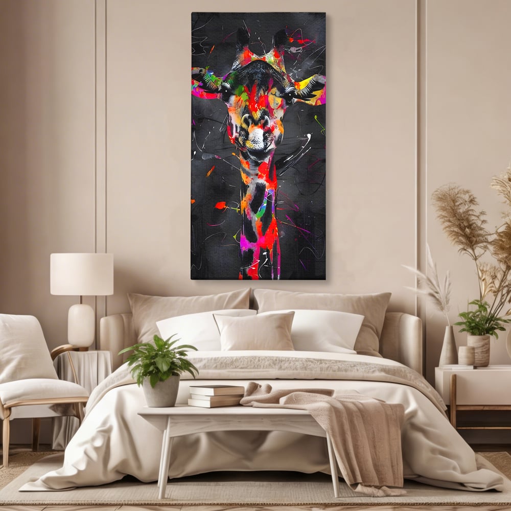 Tablou canvas cu tablou canvas cu girafa multicolor, fara rama, pe sasiu de lemn, pe perete intr-un dormitor